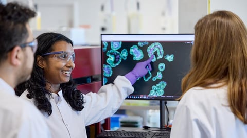 Scientists discussing microscopic images on screen.