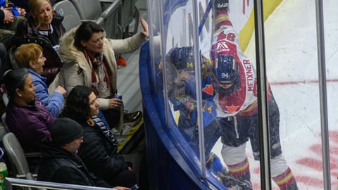 Fan reacts to players battle during the PWHL game #42 at Coca-Cola Coliseum