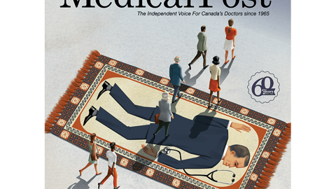 Doctors walking over a giant doctor figure rug.