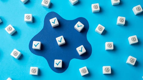 Blue graphic covered in white dice