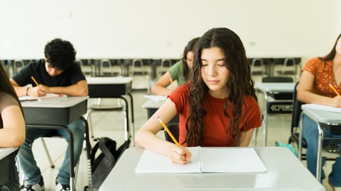 Teenage girl at the front of her high school class writing