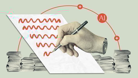 A disembodied hand writing squiggles