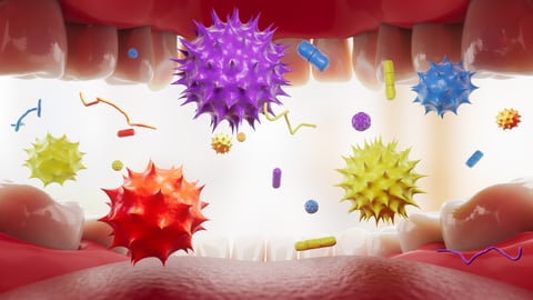 colourful bacteria in mouth, teeth showing, illustration