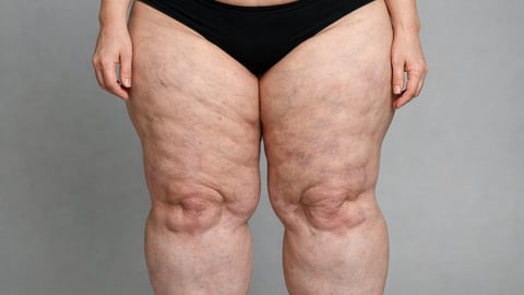 Lower body of woman wearing black underwear, showing larger legs suggesting lipedema