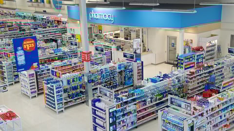Pharmacy shelves at a pharmacy in Toronto.