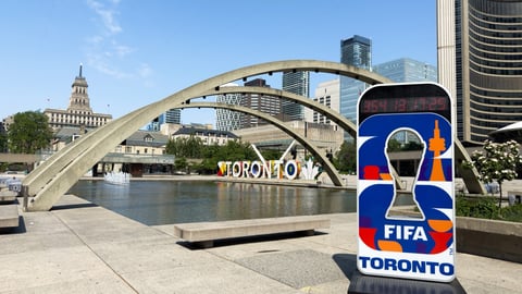 FIFA World Cup countdown clock stands at Nathan Phillips Square in downtown Toronto.