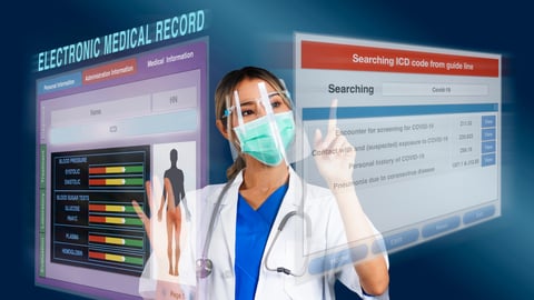 Female Asian doctor looking at EMR and other screen floating in air