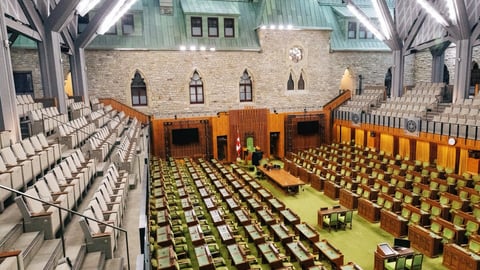 Interior view of the House of Commons chamber in the Parliament of Canada.