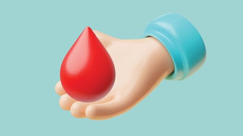 A cartoon of a hand holding a giant drop of blood