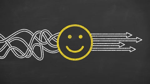 A cartoon of a happy face unscrambling a knot of paths