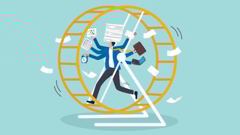 Cartoon of a professional on a giant hamster wheel