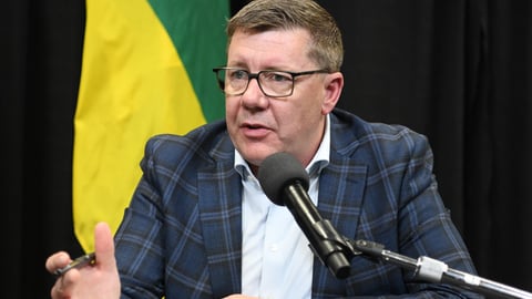 Saskatchewan Premier Scott Moe speaks at a joint news conference in Lloydminster, Saskatchewan on Wednesday, June 18, 2025. (Government of Alberta)