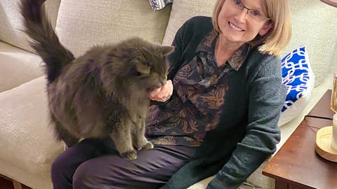 A woman doctor hanging out at home with her cats