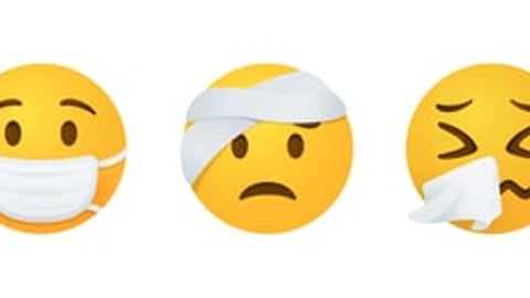 Grid of three health-related emojis, including one wearing a mask, one with a head bandage and one sneezing