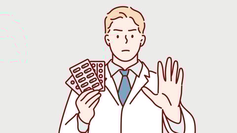 An illustration of a man in a white coat with a stern expression holds pill in one hand and makes a stop gesture with the other