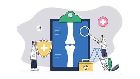 Cartoon of two tiny doctors looking at a giant x-ray of a bone