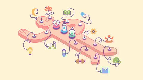 Cartoon of a man with lots of wires coming out of him leading to different items representing various health concepts