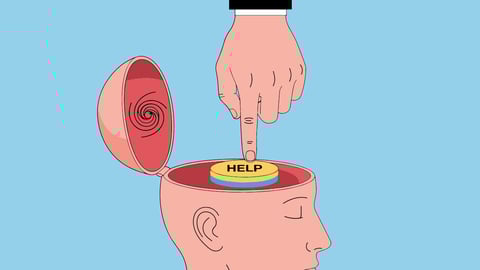 A cartoon of a head opening up with a 'Help' button inside and a hand reaching down to press it