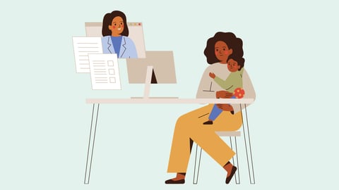 Mother with a baby chatting with a doctor virtually at a desktop computer