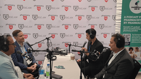 A group of men chatting on a podcast at PharmacyU