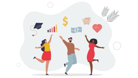 Cartoon of people delighting in a variety of benefits