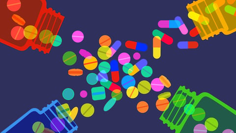 A cartoon of multicoloured pill bottles all spilling into the centre