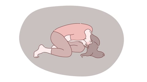 Cartoon of a young woman in the fetal position on the ground