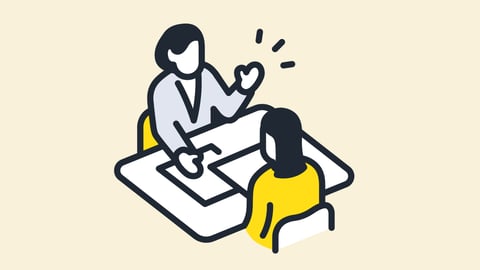 A cartoon of a woman chatting with a financial advisor