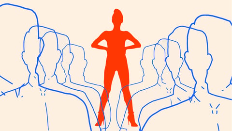 A red silhouette of a figure standing tall surrounded by two rows of blue outlines of the same silhouette over and over