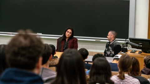 Shasha Wolfe, an Indigenous Two-Spirit trans woman, shares her experiences accessing gender-affirming care with PharmD students at the Leslie Dan Faculty of Pharmacy.
