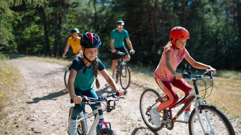 Active family enjoying biking adventure in scenic landscape.
