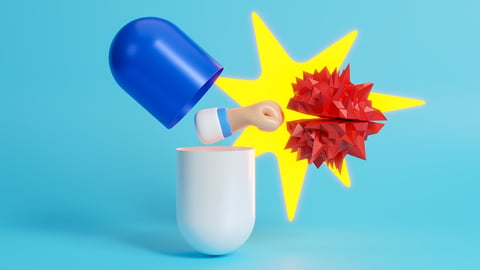 A first coming out of a pill to punch a disease particle