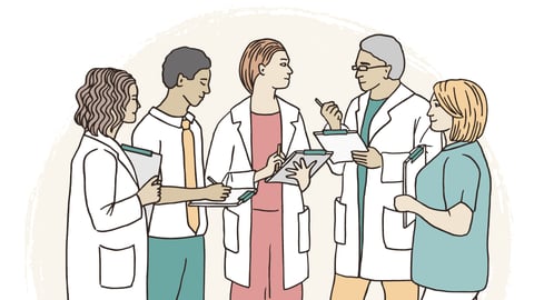 A cartoon of various healthcare professionals having a discussion