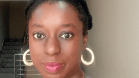  Renee Asalor wearing white hoop earrings and a pink lipstick
