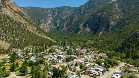 An aerial shot of the rural community of Hedley, B.C.