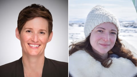 Headshots of two white women occupational therapists, one with brown short hair in a brown suit and one with brown long hair in a white touque and winter coat standing outside