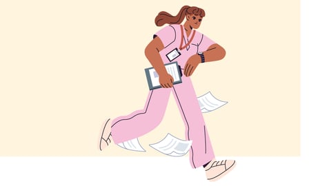 Cartoon of a busy doctor in pink scrubs looking at her watch