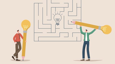 Cartoon of two men doing a massive maze puzzle with oversized pencils