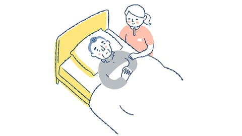 A cartoon of an old man in a hospital bed with a young woman comforting him