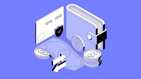 A cartoon of various money concepts including a wallet, credit card and coins