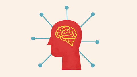 A cartoon of a human head in profile with a yellow cartoon brain inside