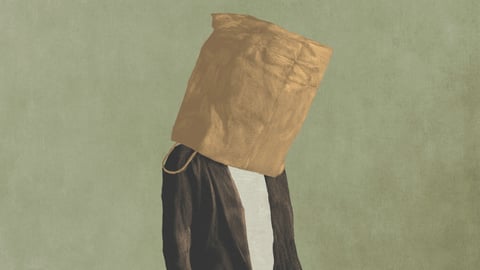 A painting of a person with a paper bag on their head