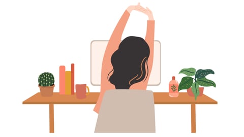 Cartoon of a woman from behind stretching at her desk