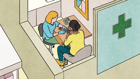 A cartoon of a pharmacist helping a patient in a private area