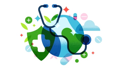 A cartoon with a variety of healthcare symbols