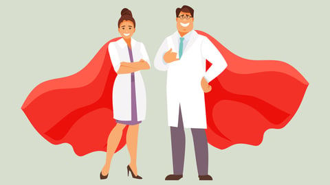 Doctors man and woman in superhero cloaks. Vector illustration; Shutterstock ID 1259855665