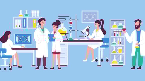 Scientists in science lab working on medical, chemical or biological laboratory research and test. Doctors and students characters design. Vector illustration; Shutterstock ID 1486561133