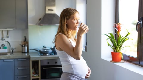 Pensive expectant mother drinking water and looking through window. Pregnant woman with glass of water standing in kitchen and looking away. Pregnancy and healthcare concept; Shutterstock ID 1533085838