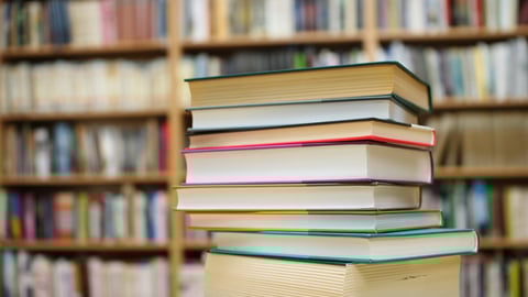 Stack of books in public library; Shutterstock ID 1625061667