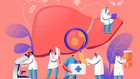 Medical Diagnosis, Hepatitis A, B, C, D World Day, Cirrhosis Concept, Tiny Doctors Taking Care of Patient Diseased Liver, Health Care, Cancer Awareness, Treatment. Cartoon Flat Vector Illustration; Shutterstock ID 1657423456